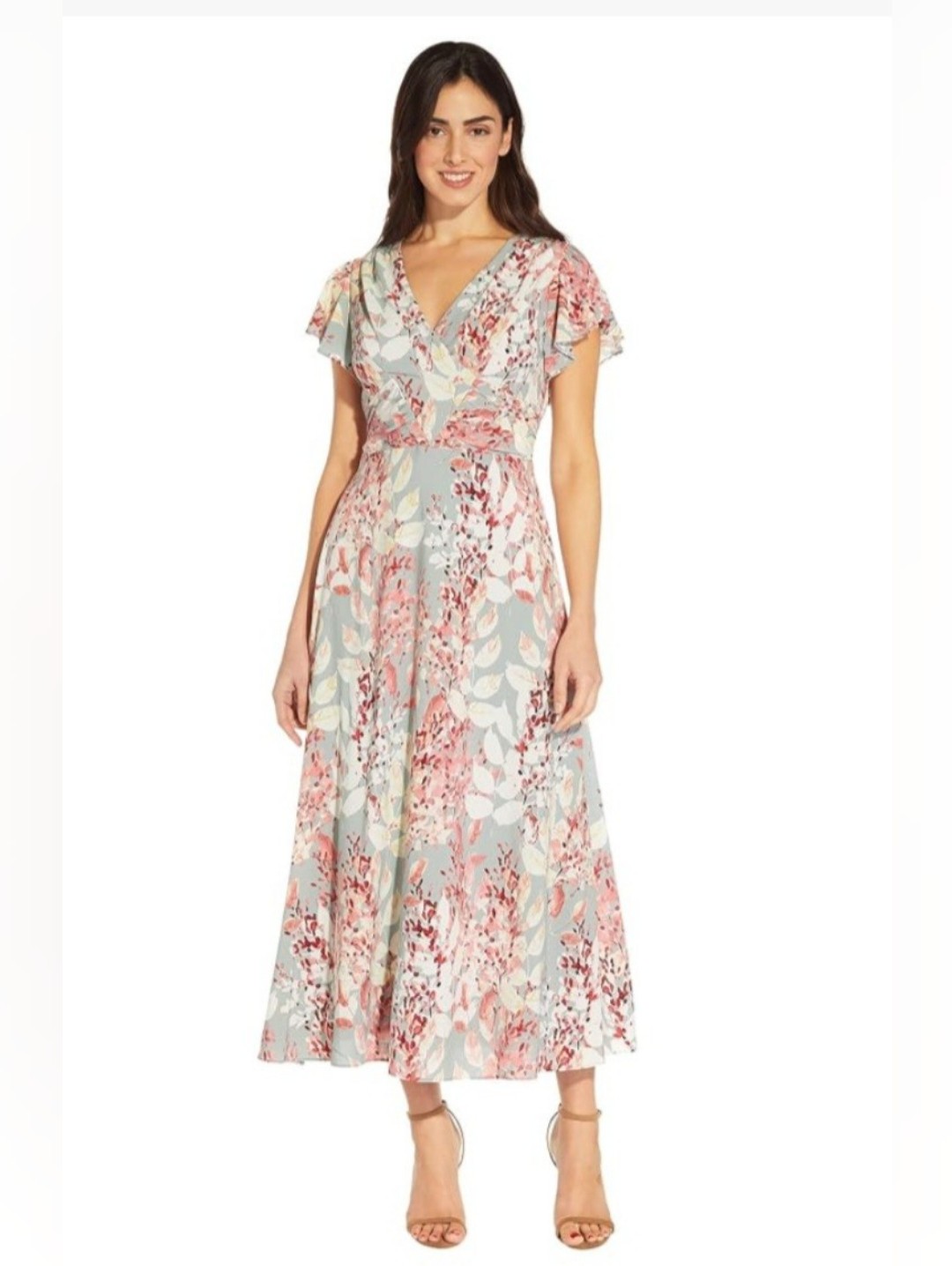 Adrianna Papell Pastel Floral V-Neck Midi Dress In Light Blue And Pink